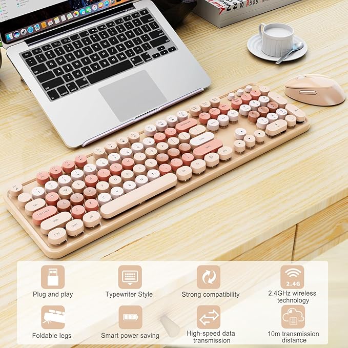 Wireless Keyboard and Mouse, Full-Size Typewriter Keyboard with Retro Round Keycaps, Ergonomic Design, Compatible with Windows PCs, Ideal for Home and Office. (Milk Tea)