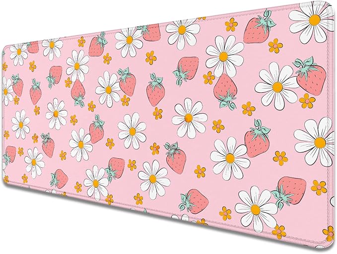 Strawberry Mouse Pad Desk Mat,Pink Large Large Gaming Mouse Mat with Stitched Edges,Non-Slip Waterproof Rubber Base Mouse Mat for Office Computer Keyboard Laptop Home(27.5X11.8 in)