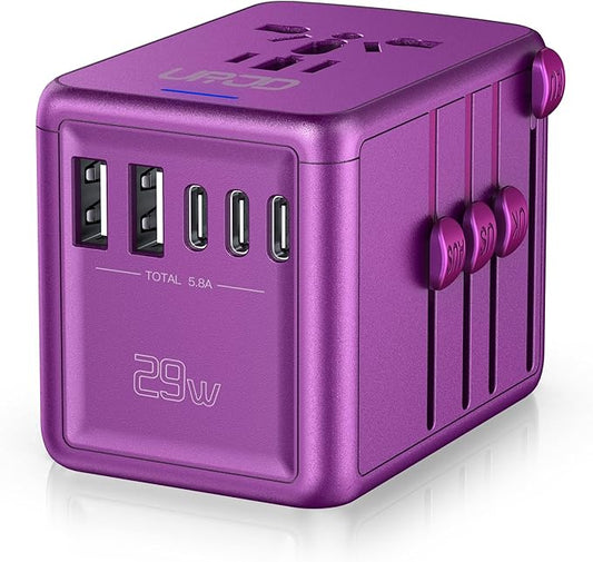 Universal Travel Adapter with 3 USB-C + 2 USB-A Ports 30W Fast Charging, 2500W AC Outlet, International Power Adapter for Europe UK Japan, Travel Charger for Phones Laptop 200+ Countries (Purple)