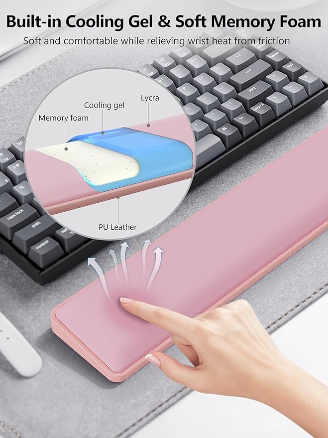 TopMade Keyboard Wrist Rest, Cooling Gel & Upgrade Soft Memory Foam Design Wrist Support for Keyboard, Full-Size Keyboard Hand Rest Pad, Ergonomic Palm Rest for for Long Hours of Work, Gaming, Pink