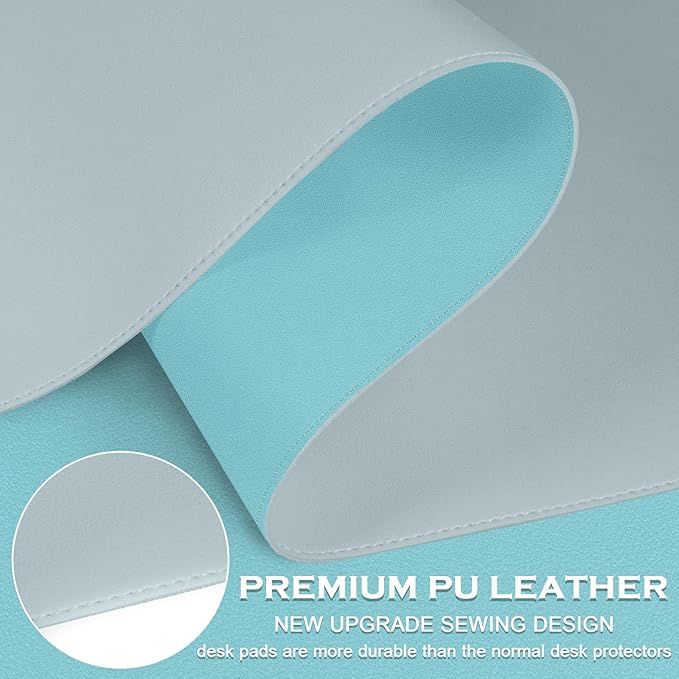Bleswin Double-Sided Desk Mat, 23.6''×13.8'', PU Leather Mouse Pad, Waterproof Desk Pad, Laptop Leather Desk Mat, Protector for Keyboard and Mouse for Office and Home (Grey+Light Blue)