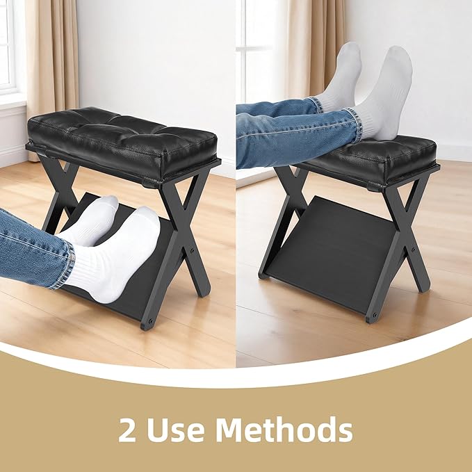 Double Step Foot Rest Under Desk, Wooden Desk Foot Rest with Non-Slip EVA Stepping Surface, Ergonomic Under Desk Foot Stool, Enhances Posture, Office Home Work-Black