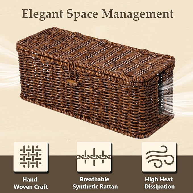 BROWNLILY Cable Management Box, Rattan Style Cord Organizer for Desk Cord Hider Outlet Covers Baby Proofing for Power Strip TV PC Router Charger Under Desk Storage with Lockable Lid and Cable Ties - Image 3
