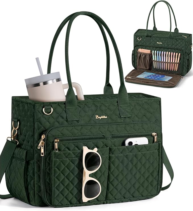 Bagstellar Teacher Bags for Women, 15.6 inch Laptop Work Tote Bag Quilted Nurse Bible Computer Shoulder Bag for School Travel | Dream Tote Work Bag, with 40oz Cup Holder, Insulated Pocket, Zipper & Strap, Office Briefcase, Ideal Gift for Women