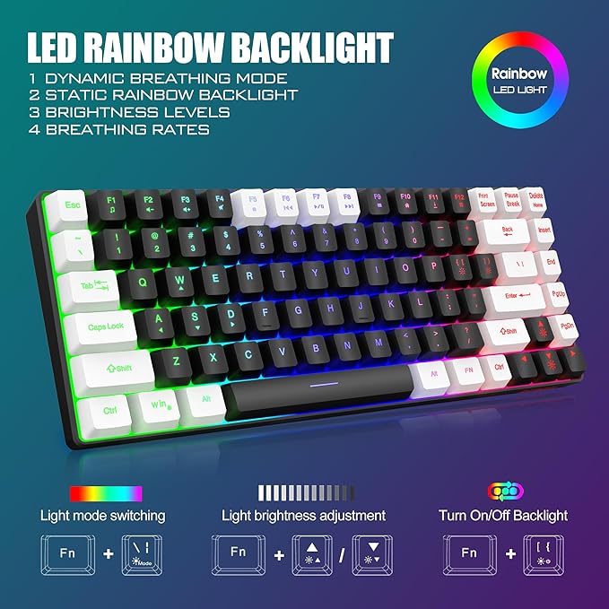 RedThunder K84 Wireless Keyboard and Mouse Combo, Rainbow Backlit Rechargeable Battery, 75% Layout TKL Ultra Compact Gaming Keyboard & Lightweight 3200 DPI Honeycomb Optical Mouse (Black-White)