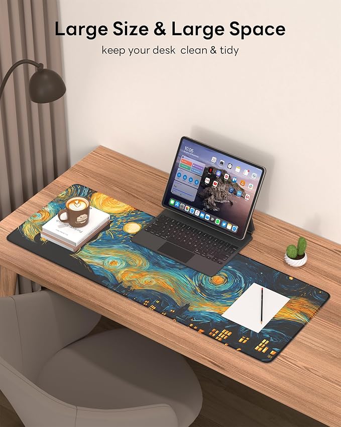 Van Gogh Cat Mouse Pad, 31.5 x 11.8 Large Desk Mat with Stitched Edges & Non-Slip Base, Mousepad for Office, Home, Work