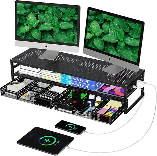 Simple Trending 2 Tier Metal Monitor Stand Riser with USB 2.0 and Charging Prot , Computer Office Desktop Organizer for 2 Monitors with 2 Drawer Storage and Reusable Cable Ties for Printer, TV, Black