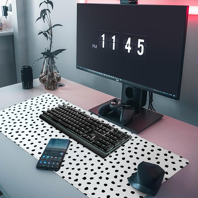 Polka Dot White Large Desk Mat Desk Pad,Extended Large Mouse Pad Cute Mouse Pads For Desk Accessories,31.5 x 11.8Inch Long Computer Keyboard MousePad Mouse Mat with 3mm Non-Slip Base and Stitched Edge