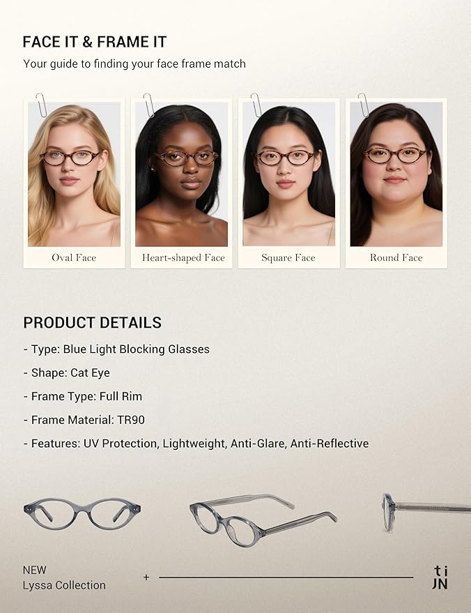 TIJN Blue Light Blocking Glasses Women Men Retro Cat Eye Square Oval Anti Glare Screen Computer Gaming Daily Eyeglasses TR90
