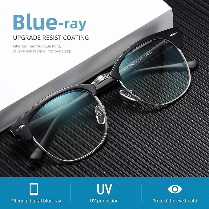 Blue Light Blocking Glasses Vintage Half Frame UV Clear Lens Anti Eyestrain Computer Gaming Glasses for Women Men (E-matte Black Silver+black Gold)