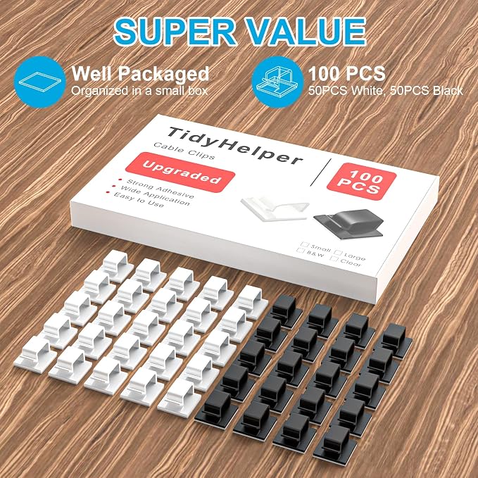 100 PCS Adhesive Cable Clips (Large, White&Black), Upgraded Wall Wire Holder Cord Organizer for Cable Management Under Desk, Light Clips Hooks for LED, HDMI, Eetension Cord, Powder Cable - Image 2