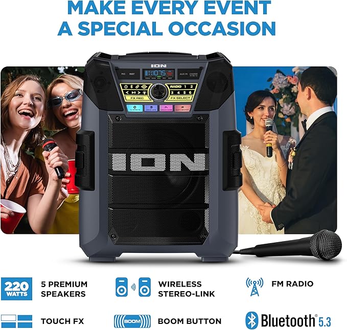 ION Block Rocker XL - Portable Bluetooth Outdoor Party Speaker, 220W, with Karaoke Microphone, Battery, 5 Speakers, Lights, Radio, USB Charging & App