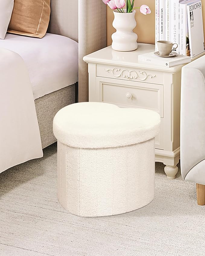 B FSOBEIIALEO Storage Ottoman Cube, Heart Shaped Ottomans with Storage Foot Stool Footrest for Lving Room, Boucle Ottoman Seat for Dorm Room,Faux Teddy Fur, White 15"x15"x15"