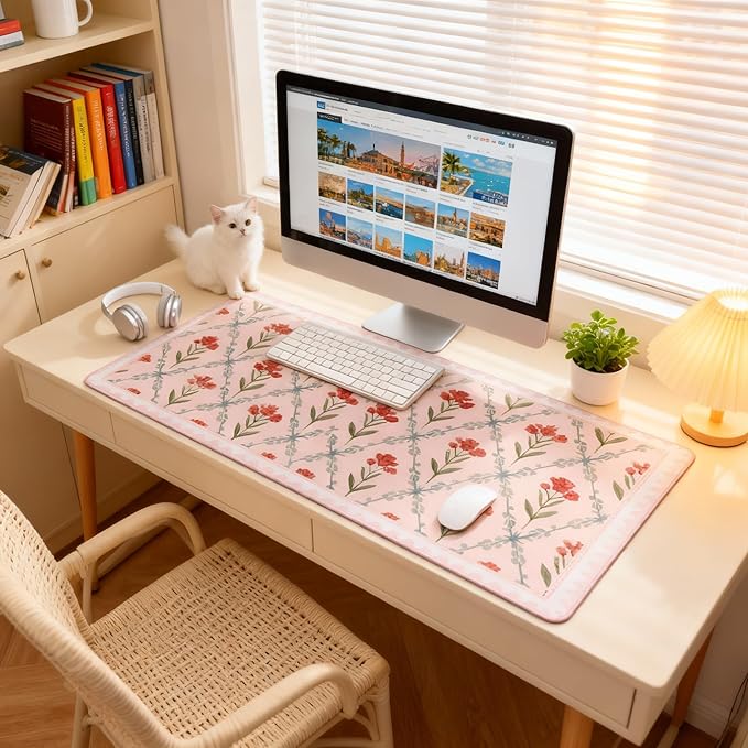 Pink Floral XXL Desk Mat - Extra Large Anti-Slip Mouse Pad with Stitched Edges for Women, Office & Home, Computer Keyboard Mat for Desk, Cute Aesthetic Office Supplies & Decor for Women