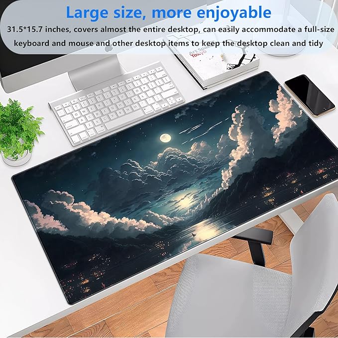 Anime Aesthetic Desk Mat - Large Gaming Mouse Pad XXL (31.5 x 15.7 in) - Extended Full Moon Cloud Keyboard Pad with Stitched Edges, Non-Slip Base for Home Office & Gaming Setup