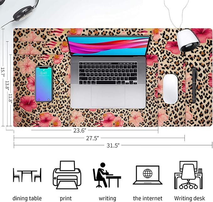 Large Mouse Pad, Leopard Floral Desk Mat for Desktop, Women Girls Flowers PU Leather Waterproof Desk Pad, Computer PC Laptop Protector Gaming Mouse Pads for School Office Home 31.5" x 15.7"