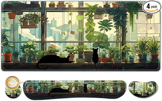 ToLuLu Extended Gaming Mouse Pad, Memory Foam Ergonomic Keyboard Mouse Wrist Rest Support Set, Large Desk Mat with Stitched Edges, Non-Slip Base Mousepad Home Office, Cute Green Japanese Kawaii Cat