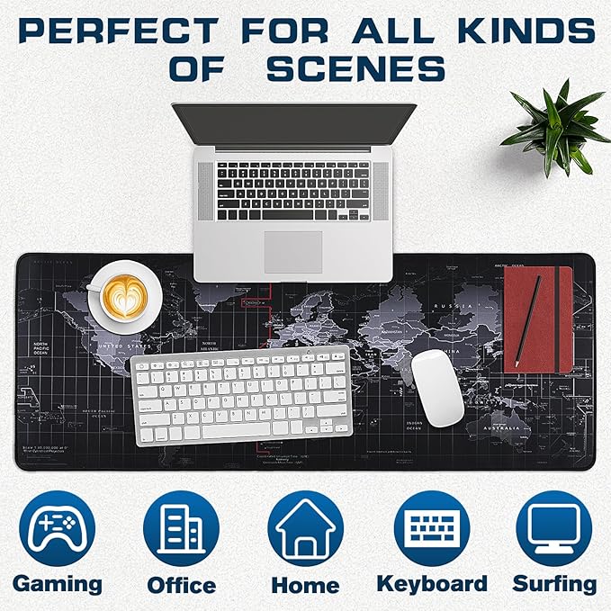 Mouse Pad Gaming - Desk Mat for Keyboard and Mouse -Black World Map Large Mouse Pads for Desk, Gaming Mousepad with Non-Slip Base, Desks Pad (31.5" X 11.8") for Game, Office and Home