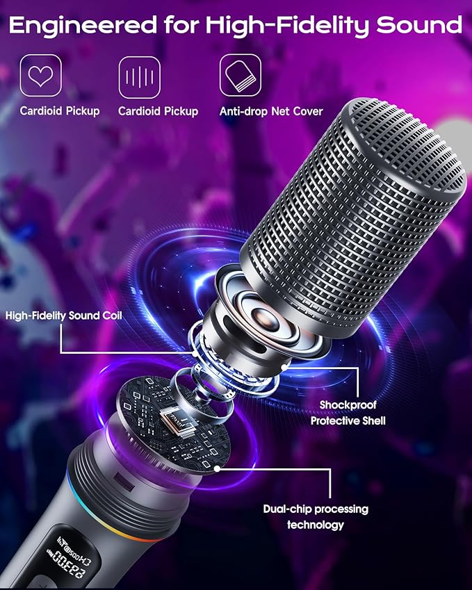 Wireless Microphone, Professional Handheld Dynamic Mic with Rechargeable Receiver, 5-Level Volume Adjustment, Dynamic RGB Lighting, 40-Hour Battery Rechargeable Microphone for Karaoke and Weddings.