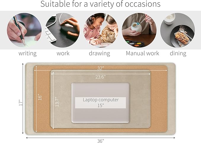 RENMTURE Dual-Sided Large Desk Pad, Faux Leather Natural Cork Mouse pad, Desk Accessories Protector, for Office and Home Work (Golden,36"x17")