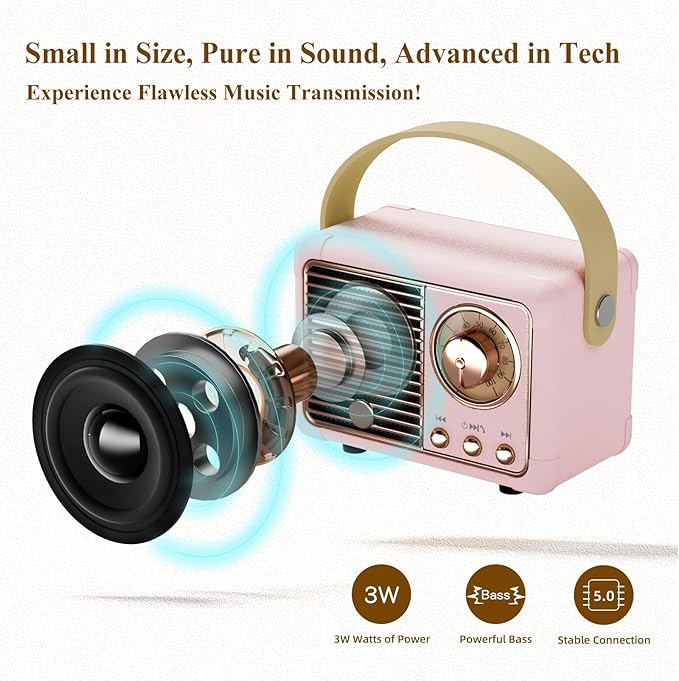 Retro Bluetooth Speakers Birthday Gifts for Girls Small Cute Pink Portable Wireless Speaker Gift Ideas for Women,Her,Girls,Wife Old School Speaker Vintage Aesthetic Decor for Bedroom,Office(Pink)
