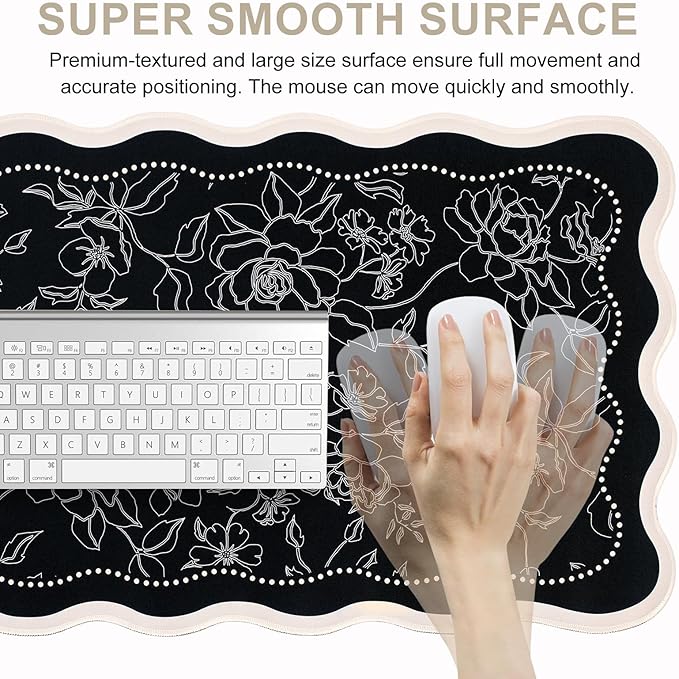 L-SPOUTTO Vintage Floral Mouse Pad,Aesthetic Scalloped Desk Mat XXL Large Gaming Mousepad,35.4x15.7in Non-Slip Keyboard Pad Waterproof Desktop Mat for Laptop Computer Work Game Home Office-Black