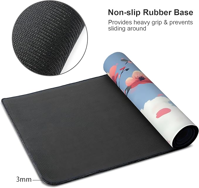 Cute Floral Aesthetic Cherry Gaming Mouse Pad, Blue Pink Anime Desk Mat with Anti-Slip Base & Stitched Edges, Office Supplies & Desk Decor for Women, 35.4" x 15.7" in Home Office Essentials