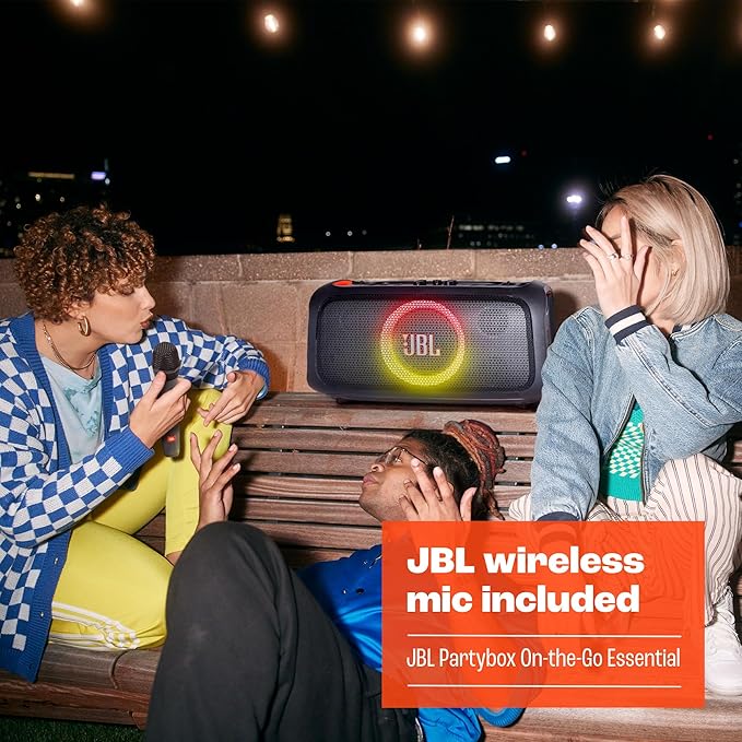 JBL PartyBox On-The-Go Essential - Portable Party Speaker with Built-in Lights and Wireless mic, Amazing JBL Pro Sound, IPX4 splashproof Protection, 6 Hours of Playtime, Convenient Shoulder Strap