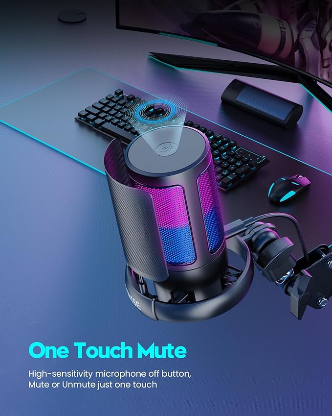 Gaming Microphone, USB PC Mic for Podcasts Videos, Streaming, Condenser Mic with Quick Mute, Tripod Stand, Pop Filter, RGB Indicator, Shock Mount, Rotate gain button, Compatible with PS4/5/PC