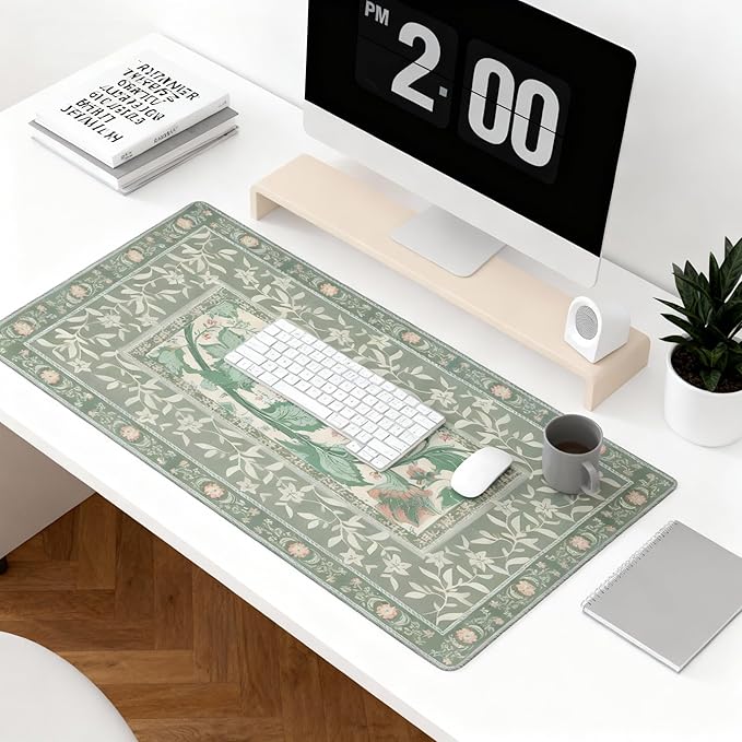 Sage Green Floral XXL Desk Pad Mat - Extra Large Mouse Pad with Anti-Slip Base & Stitched Edges for Women, Office, Home Desktop Computer Keyboard, Aesthetic Office Decor Supplies