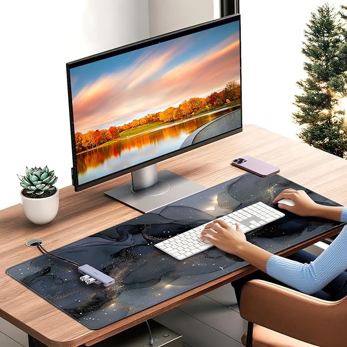 Extended Gaming Mouse Pad, Navy Blue Marble Pattern, 35.4 x 15.7 inches, XXL Extra Large Desktop Pad, Non-Slip Base, Waterproof, Suitable for Home Gaming and Office Use