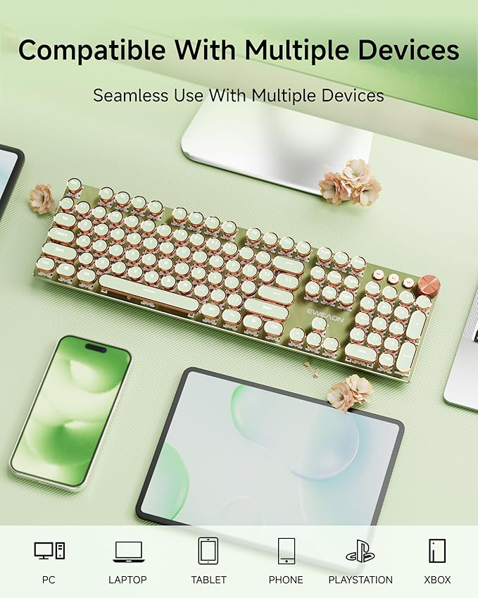 EWEADN V20 Typewriter Keyboard Wireless, 104 Keys Typewriter Style Mechanical with White Backlit, Media Knob, Pink Switch 2.4G/Bluetooth/USB-C Wired Retro Full Size Keyboard for Windows/Mac/PC-Green