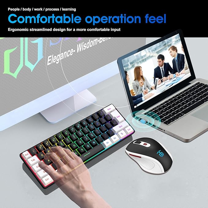Snpurdiri 2.4G Wireless Gaming Keyboard and Mouse Combo, Include Small 60% Merchanical Feel Keyboard, Ergonomic Design Mini Wireless Mouse(White and Black)