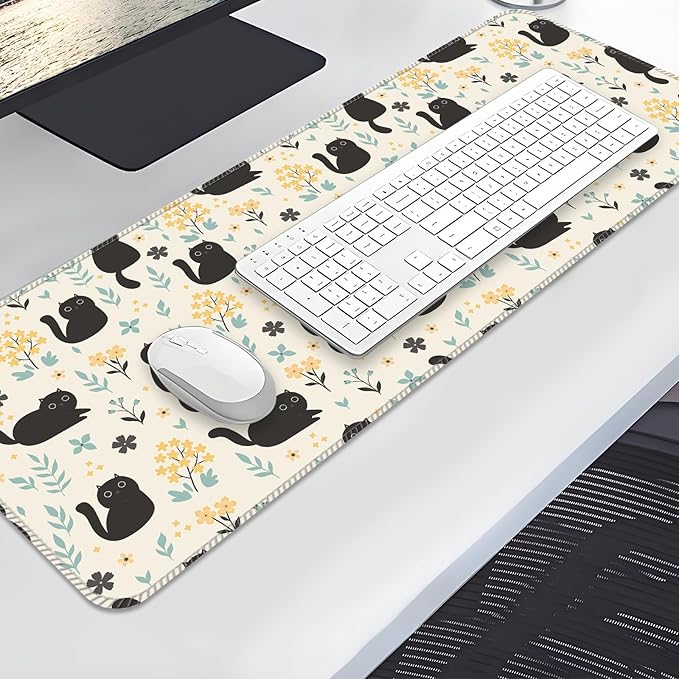 Desk Mat,Big Desk Pad,31.5 x 11.5in Extended Gaming Mouse Pad,Large Mouse Pad for Desk Rubber Base Mousepad with Stitched Edges,Keyboard Mouse Mat for Work Game Office Home - Cat in Flower