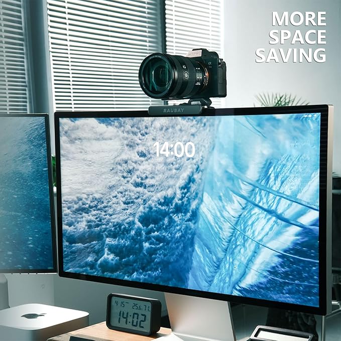 RAUBAY 【Upgraded】 Monitor Camera Mount Stand, Hanging Webcam Clamp with 1/4" Screw, MILC Monitor Top Support for Live Stream, etc. Compatible with Curved Monitors, Maximum Width up to 1.4" CM02