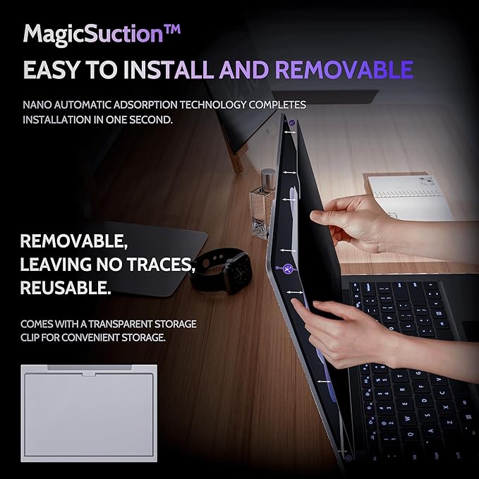 Peslv Privacy Screen for 15 Inch Surface Laptop 7, MagicSuction™ Removable Anti Spy Black Protector, Glare Blue Light Filter for Microsoft Laptop Computer Monitor