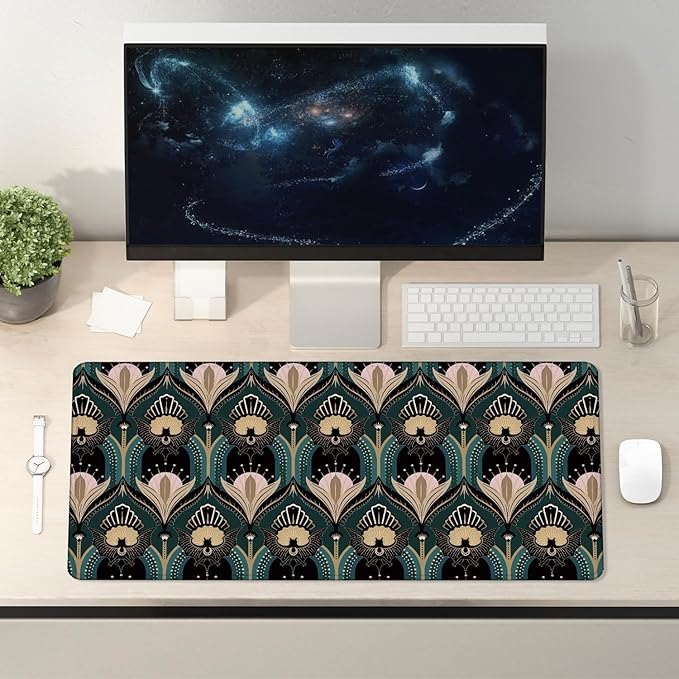 Art Deco Floral Mouse Pad 31.5x15.7inch, 1920s Maximalist Gothic Bats and Flowers Mouse Pads for Wireless Mouse Computers Laptop Desk Accessories, Gothic Office Supplies