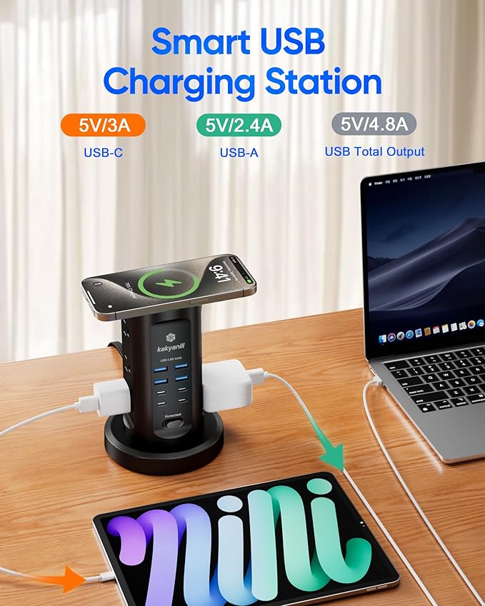 Power Strip Tower, kakyanill Surge Protector Tower 9 AC Outlets 8 USB (4 USB C), 6 Ft Retractable Extension Cord, Charging Station for Office Dorm Room, Black