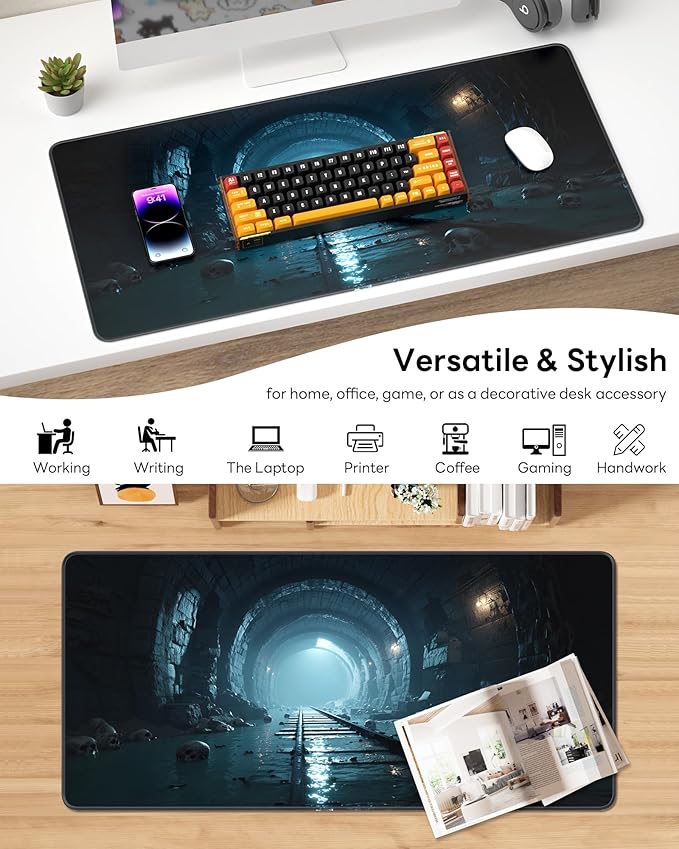XL Gaming Mouse Pad, 31.5x15.7'' Large Desk Mat with Anti-Slip Rubber Base & Stitched Edges for Gaming, Office, Home - Dark Tunnel