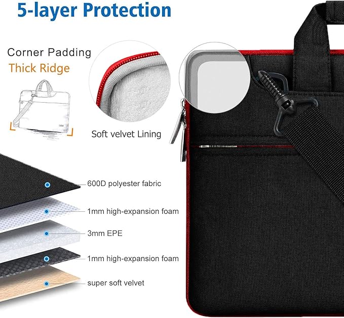 Hseok 17.3 Inch Laptop Shoulder Bag, Water-Resistant & Shockproof Protective Computer Case Compatible with 17.3 inch Dell Asus HP Lenovo Acer MSI Notebooks,Black & Red
