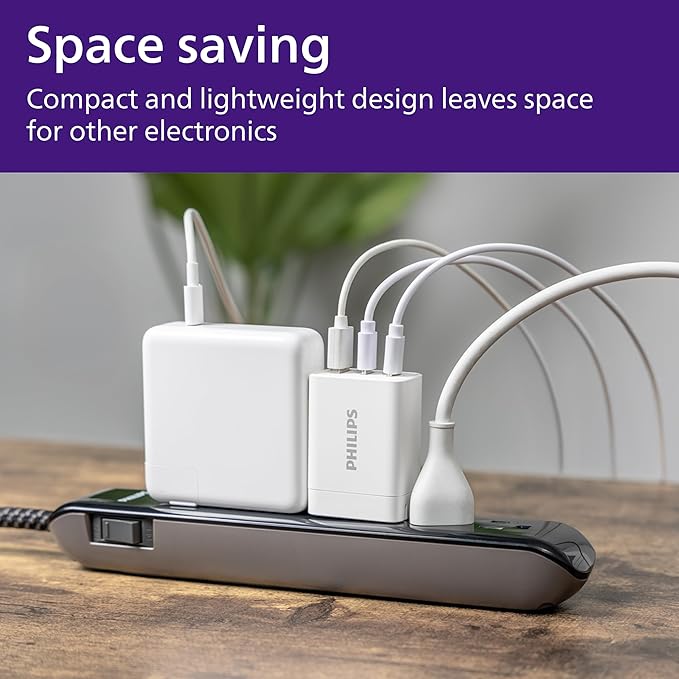 Philips iPhone Charger Fast Charging, 65W USB C Charger, 3-Port GaN USB C Charger Block with USB A and USB C, Foldable Fast Wall Charger for iPhone 16 Series, 15 Series, iPad Pro, White, DLP3653W/37