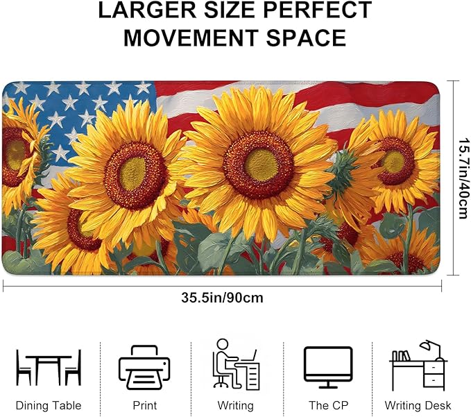 Mouse Pad, Large Anti-Slip with Stitched Edges Desk Mat Desktop Laptop Computer Desk Keyboard Mat,Table Protector Blotter Mat (Sunflower, 35.4" x 15.7")