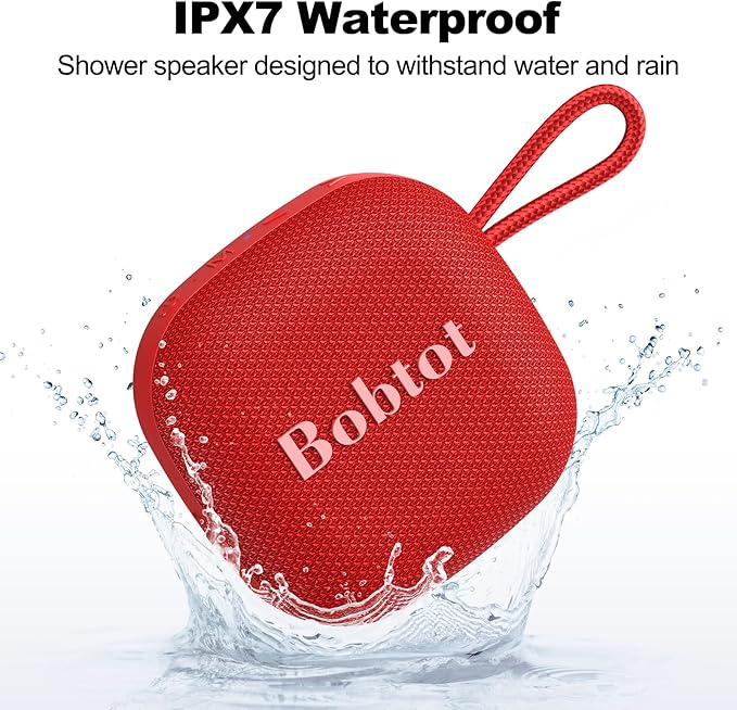 Bobtot Portable Bluetooth Speakers, Wireless IPX7 Waterproof Mini Speaker with 16H Playtime, Loud Stereo Sound, TWS, Built-in Microphone, Small Size with Lanyard, Red