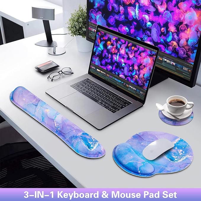 Mouse Pad Purple, Mouse Pad with Wrist Rest Set, 3-in-1 Wrist Support Mousepad Set,Gaming with Anti-Skid Base,Ergonomic Memory Foam Keyboard Gel Wrist Rest