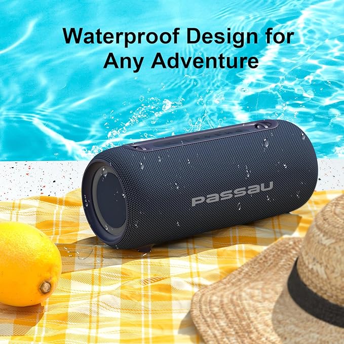 Passau Portable Bluetooth Speakers 40W Peak Loud Stereo Sound, Passive Radiators-Deep Bass, All Day Playtime, Adjustable Strap, BT5.3, IPX5 Wireless Speaker RGB Lights for Indoor Outdoor-Blue