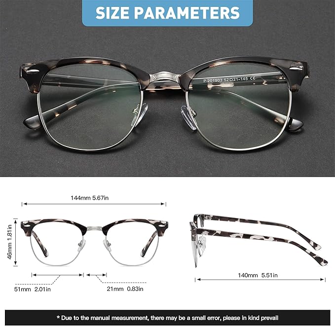 Blue Light Blocking Glasses Vintage Half Frame UV Clear Lens Anti Eyestrain Computer Gaming Glasses for Women Men (E-bright Black+leopard Silver)