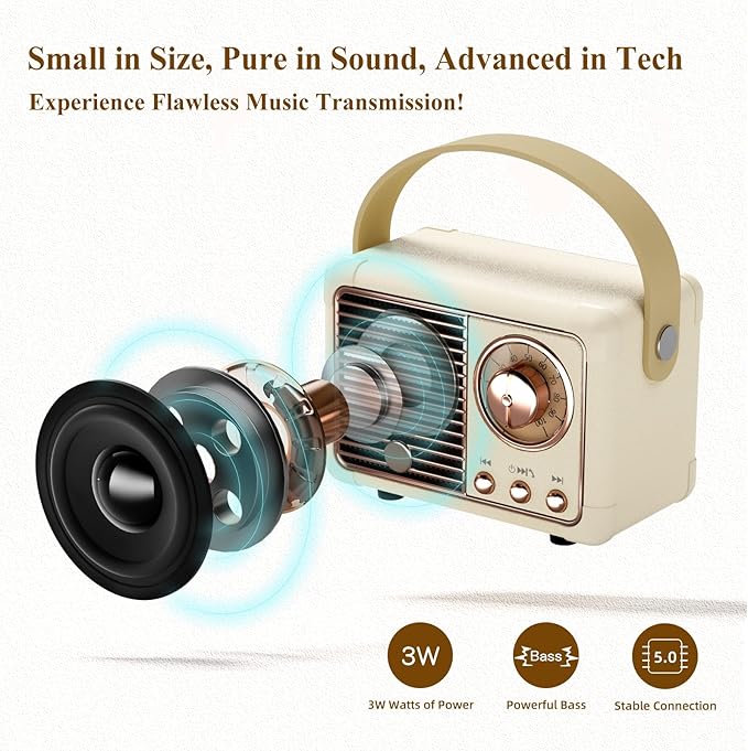 Speaker Retro Female Friend Birthday Gift Ideas Portable Wireless Speaker Gifts for Women,Girls,Friend Old School Style Small Support USB/TF/AUX for Antique Bedroom,Kitchen,Office,Desk Decor(Beige)