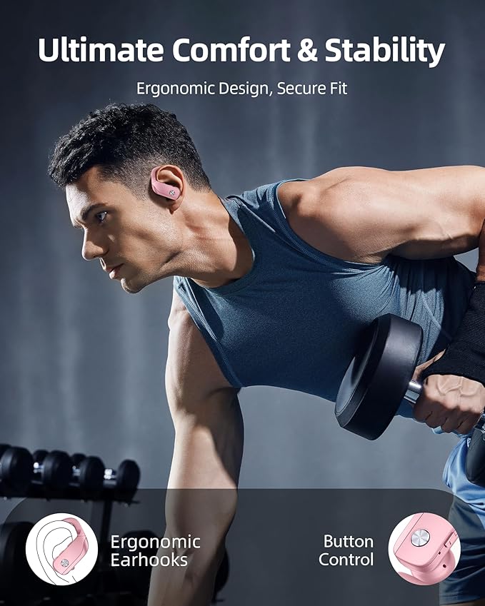 bmanl Wireless Earbuds Bluetooth Headphones Over Ear Hooks Ear Buds with 80H Playtime, LED Power Display, Dual Mic Clear Calls, Sports Wireless Ear Buds Bluetooth Earbuds for Running Gym Workout Pink