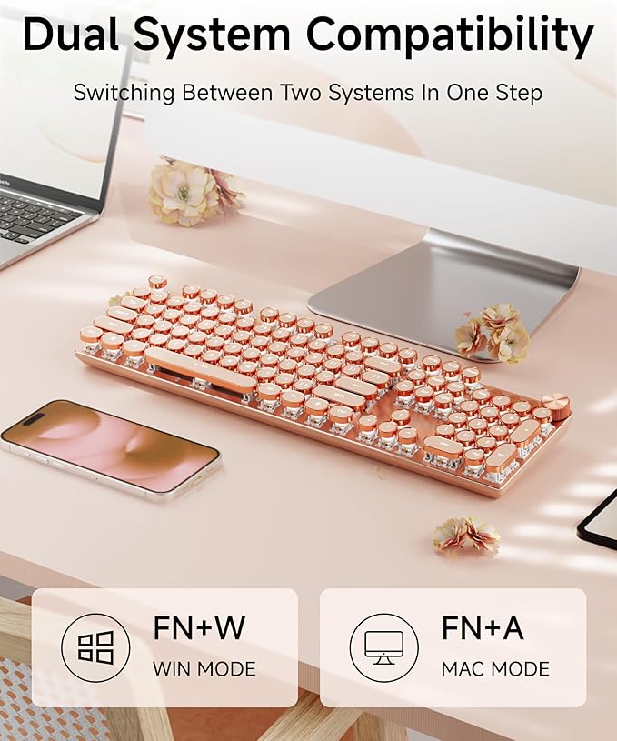 EWEADN V20 Typewriter Keyboard Wireless, 104 Keys Typewriter Style Mechanical with White Backlit, Media Knob, Pink Switch 2.4G/Bluetooth/USB-C Wired Retro Full Size Keyboard for Windows/Mac/PC-Pink