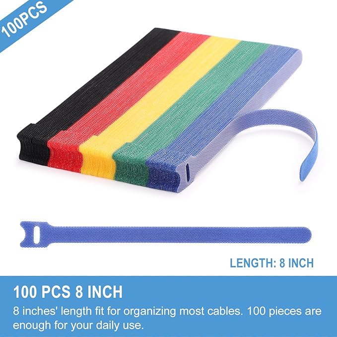 100 PCS 8 Inches Reusable Cable Ties | Adjustable Cord Wraps, Cable Straps | Hook & Loop Cord Organizer, Cable Management | 5 Colors - Image 2